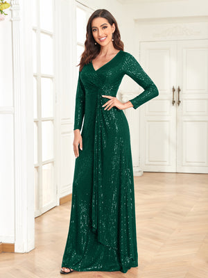 Sequin V-Neck Long Sleeves A-Line Floor Length Prom/Evening Dress