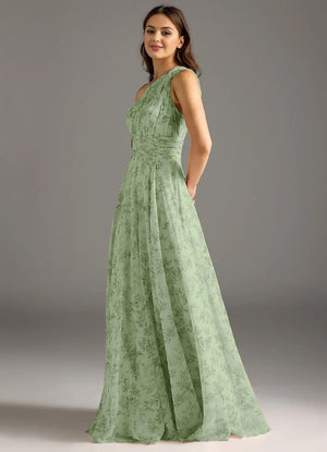 A-line One Shoulder Floor-Length Chiffon Bridesmaid Dress With Slit