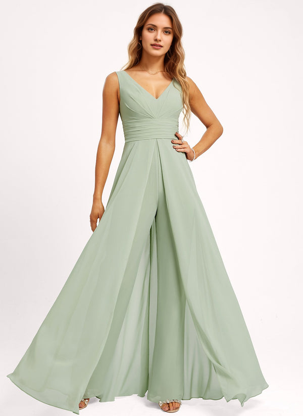 Jumpsuits V-Neck Floor-Length Chiffon Bridesmaid Dress With Ruffle