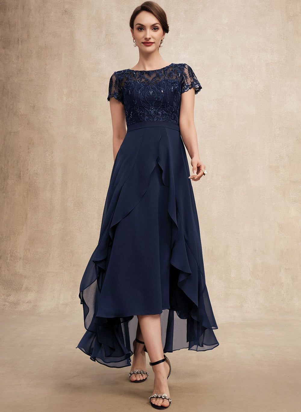 A-line Scoop Illusion Asymmetrical Chiffon Lace Mother of the Bride Dress With Ruffle Sequins Bow