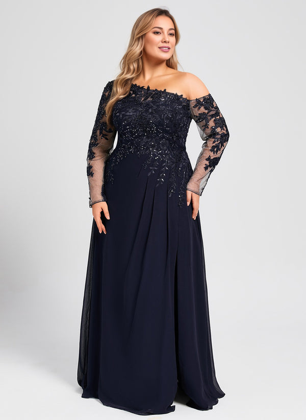 Trumpet/Mermaid Asymmetrical Illusion Floor-Length Lace Chiffon Evening Dress With Sequins