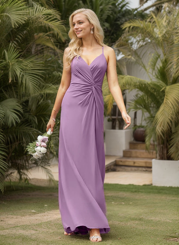 A-line V-Neck Floor-Length Chiffon Bridesmaid Dress With Ruffle