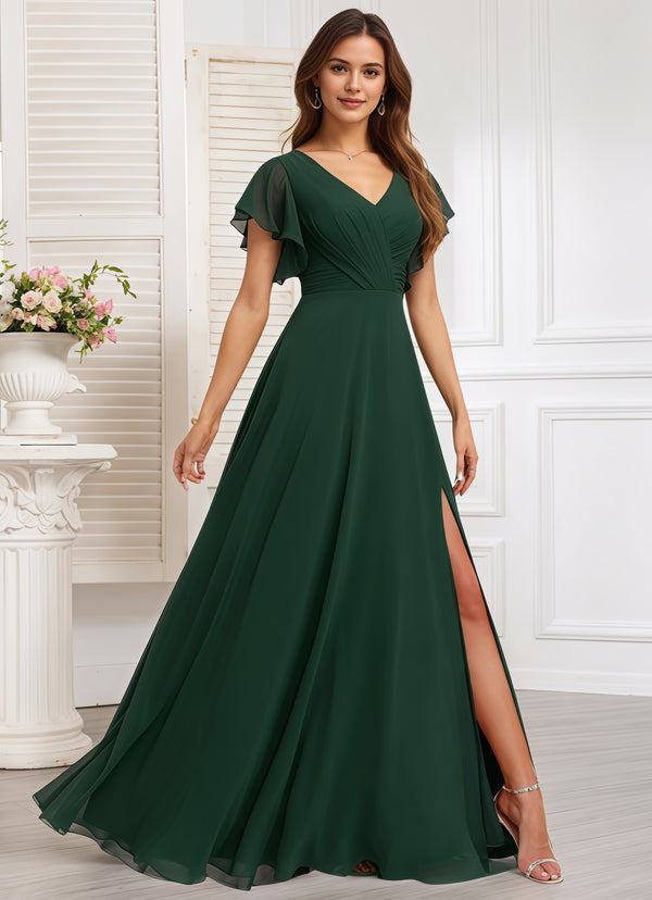 A-line V-Neck Floor-Length Chiffon Bridesmaid Dress With Ruffle