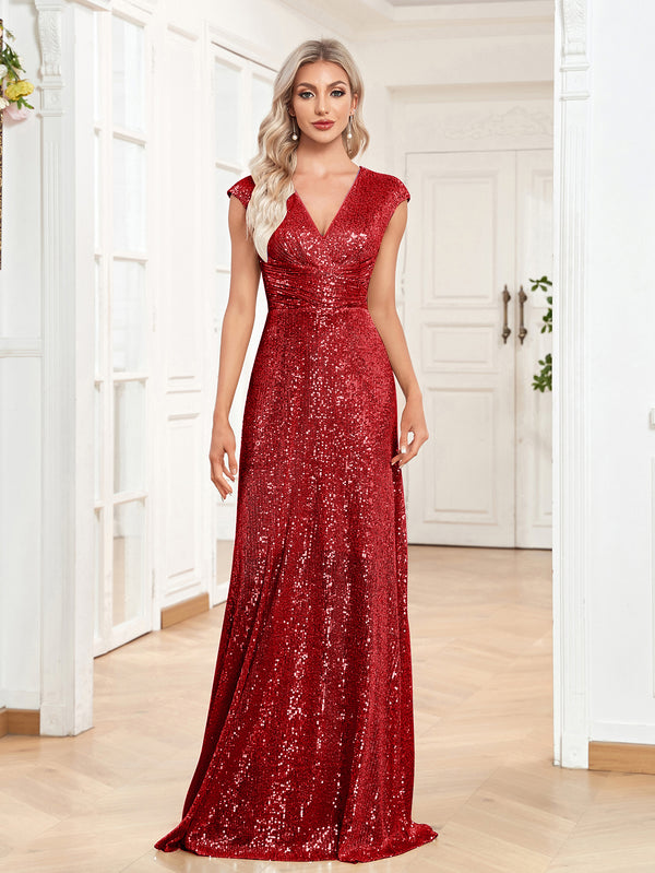 Sequin V-Neck Sleeveless A-Line Floor Length Prom/Evening Dress