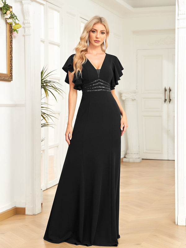 Sheath/Column V-Neck Floor-Length Stretch Crepe Evening Dress With Pleated Sequins Beading