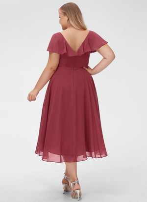 A-line V-Neck Asymmetrical Chiffon Bridesmaid Dress With Ruffle
