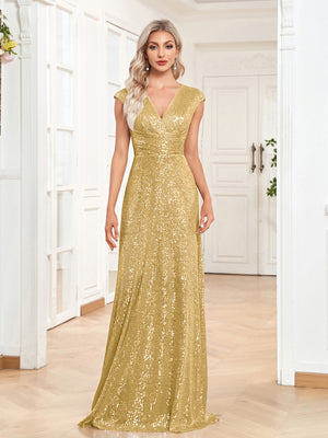 Sequin V-Neck Sleeveless A-Line Floor Length Prom/Evening Dress