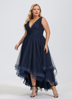 A-line V-Neck Asymmetrical Tulle Cocktail Dress With Cascading Ruffles Pleated