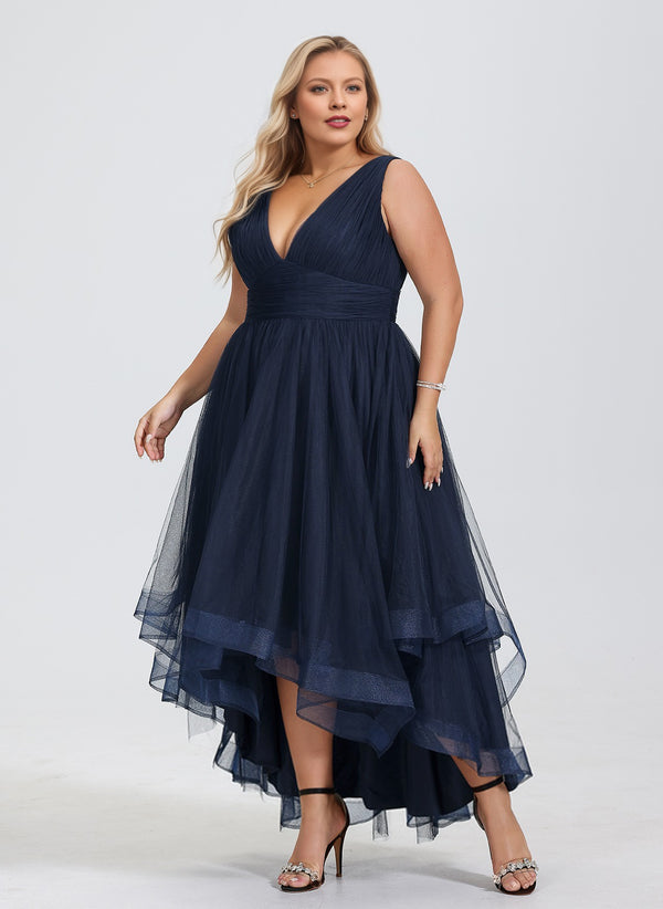 A-line V-Neck Asymmetrical Tulle Cocktail Dress With Cascading Ruffles Pleated