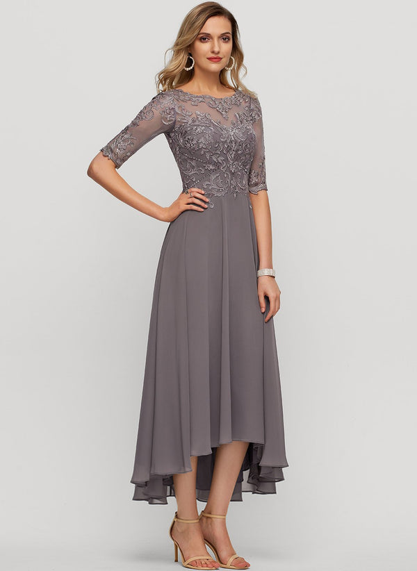 A-line Illusion Boat Neck Asymmetrical Chiffon Lace Mother of the Bride Dress With Sequins Beading