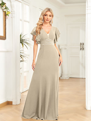 Sheath/Column V-Neck Floor-Length Stretch Crepe Evening Dress With Pleated Sequins Beading