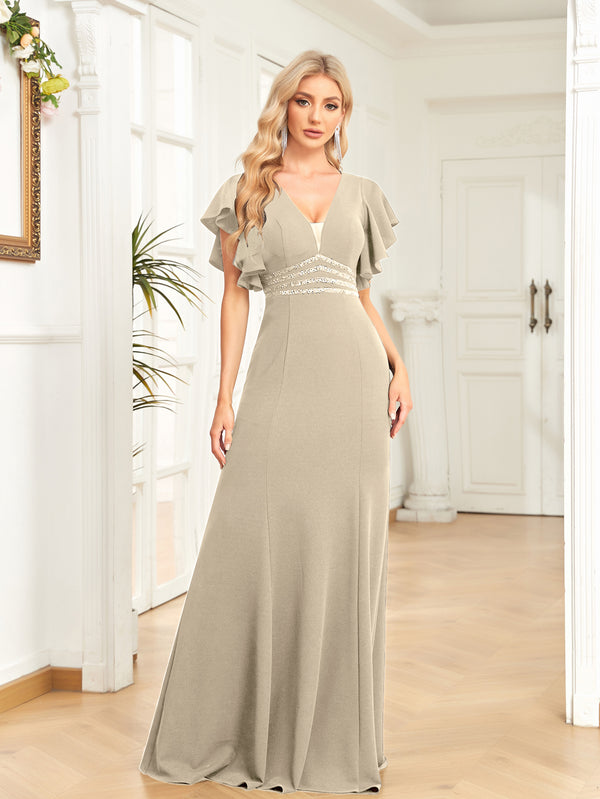Sheath/Column V-Neck Floor-Length Stretch Crepe Evening Dress With Pleated Sequins Beading