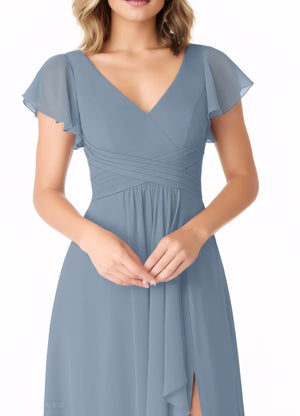 A-line V-Neck Floor-Length Chiffon Bridesmaid Dress With Ruffle