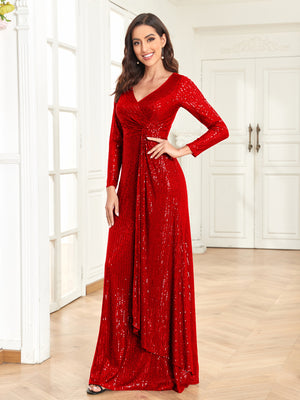 Sequin V-Neck Long Sleeves A-Line Floor Length Prom/Evening Dress
