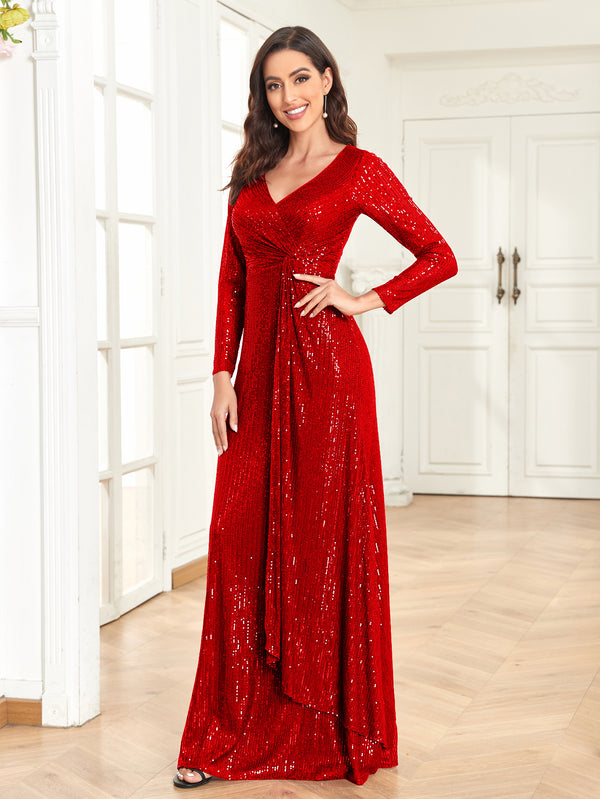 Sequin V-Neck Long Sleeves A-Line Floor Length Prom/Evening Dress