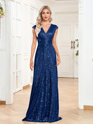 Sequin V-Neck Sleeveless A-Line Floor Length Prom/Evening Dress