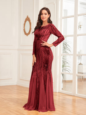 Scoop Sequin Tulle Mermaid/Trumpet Long Sleevess Sweep Train Empire Waist Prom Dress
