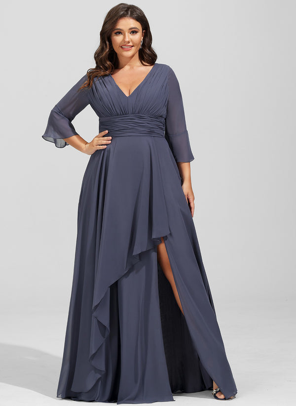 A-line V-Neck Floor-Length Chiffon Mother of the Bride Dress With Cascading Ruffles