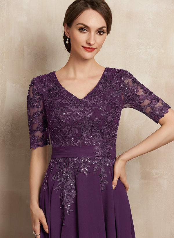 A-line V-Neck Tea-Length Lace Chiffon Mother of the Bride Dress With Sequins