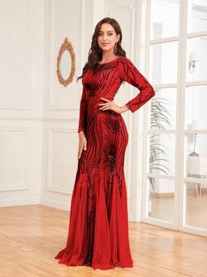 Scoop Sequin Tulle Mermaid/Trumpet Long Sleevess Sweep Train Empire Waist Prom Dress