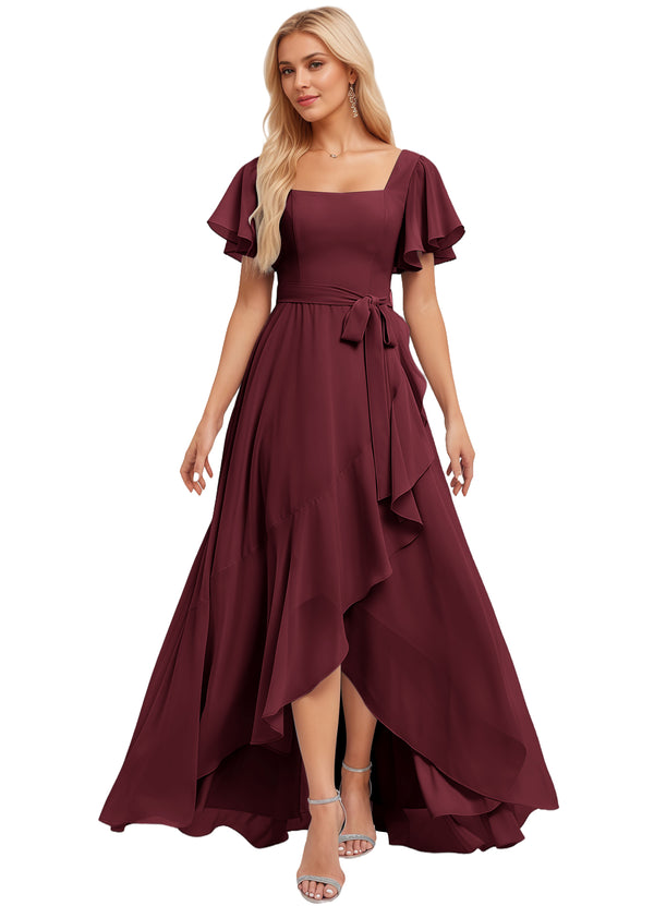 A-line Square-Neck Floor-Length Chiffon Bridesmaid Dress With Ruffle