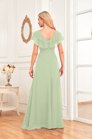 A-line V-Neck Floor-Length Chiffon Dress With Ruffle
