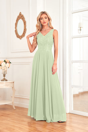 Sleeveless A-Line Floor Length Chiffon Lace V-Neck Bridesmaid Dress