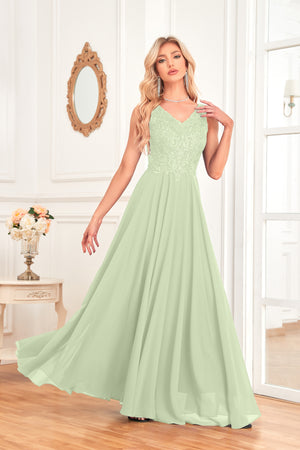 Sleeveless A-Line Floor Length Chiffon Lace V-Neck Bridesmaid Dress