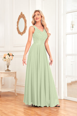 Sleeveless A-Line Floor Length Chiffon Lace V-Neck Bridesmaid Dress