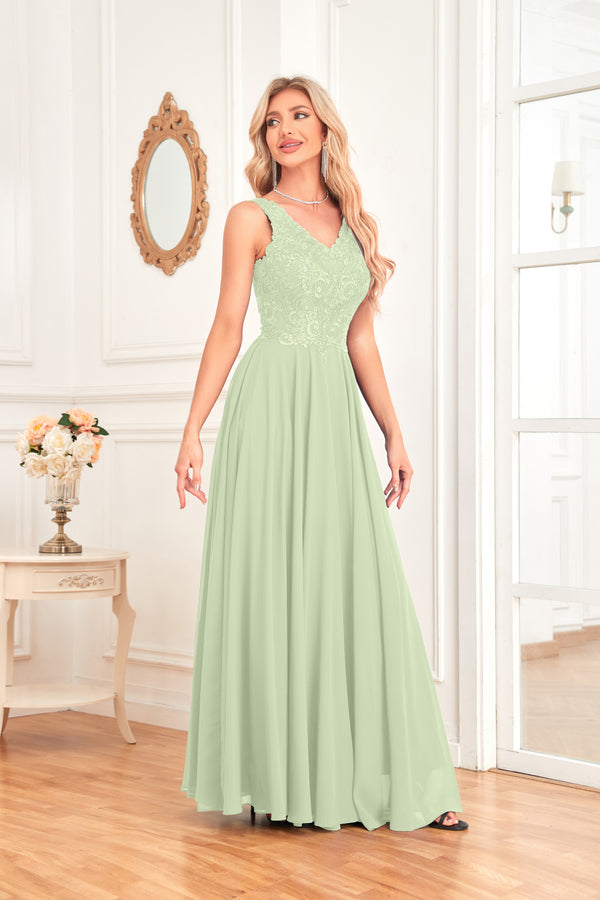 Sleeveless A-Line Floor Length Chiffon Lace V-Neck Bridesmaid Dress