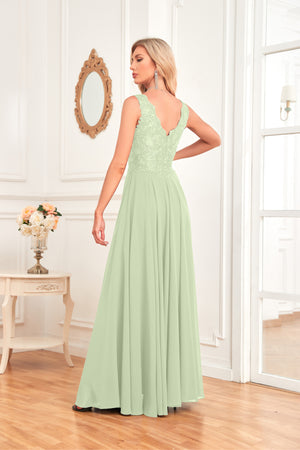 Sleeveless A-Line Floor Length Chiffon Lace V-Neck Bridesmaid Dress