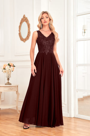 Sleeveless A-Line Floor Length Chiffon Lace V-Neck Bridesmaid Dress