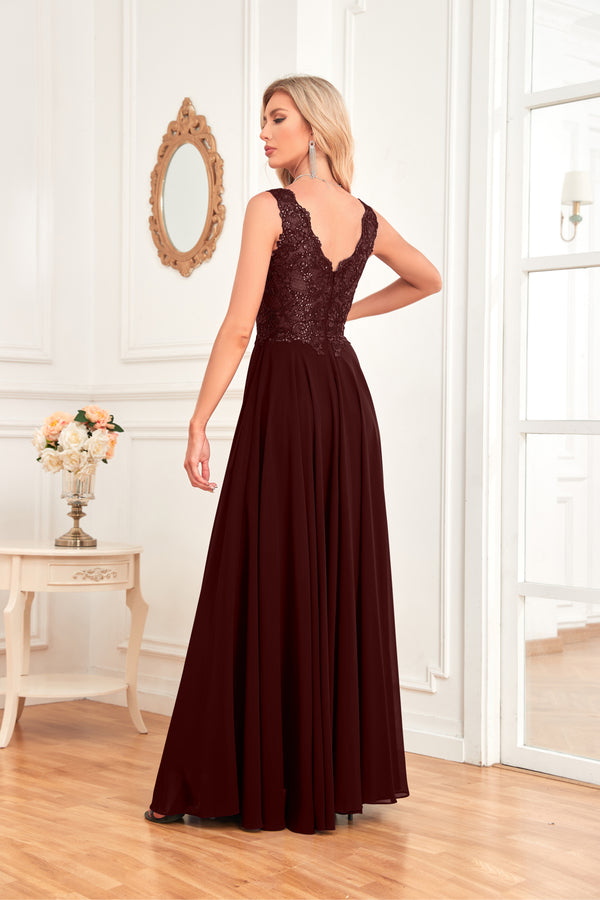 Sleeveless A-Line Floor Length Chiffon Lace V-Neck Bridesmaid Dress