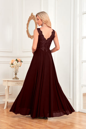 Sleeveless A-Line Floor Length Chiffon Lace V-Neck Bridesmaid Dress