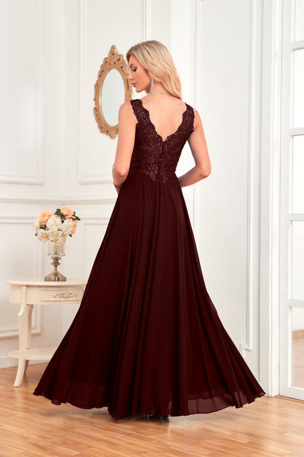 Sleeveless A-Line Floor Length Chiffon Lace V-Neck Bridesmaid Dress