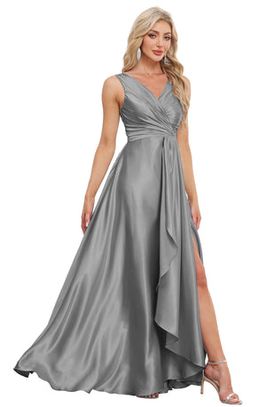A-line V-Neck Floor-Length Satin Bridesmaid Dress