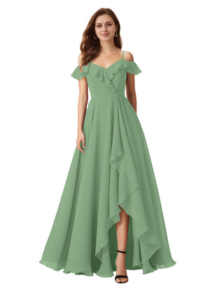 A-line Cold Shoulder Floor-Length Chiffon Bridesmaid Dress With Ruffle