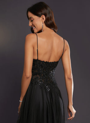 A-line V-Neck Floor-Length Tulle Prom Dresses