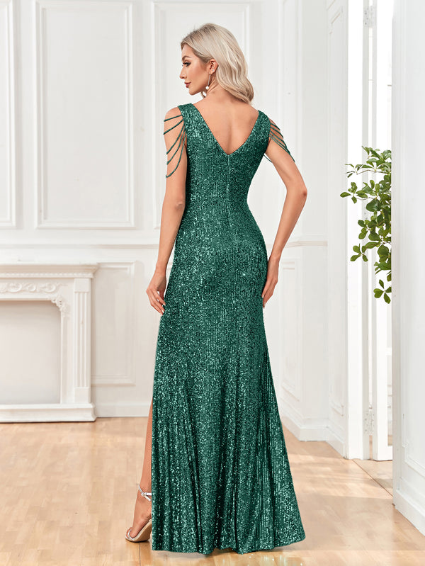 Mermaid/Trumpet Sequin V-Neck Sleeveless Floor Length Prom/Evening Dress with Silt