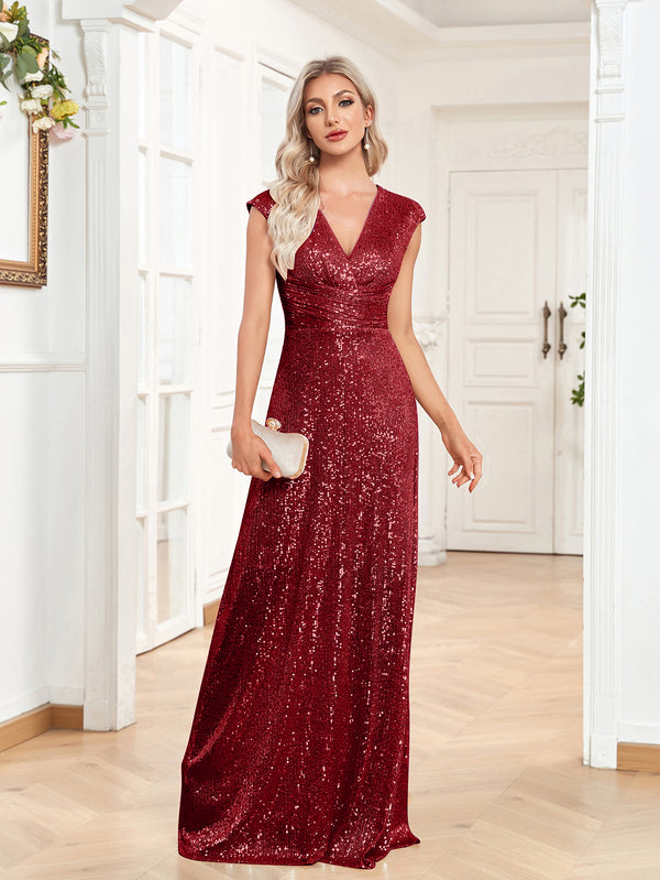 Sequin V-Neck Sleeveless A-Line Floor Length Prom/Evening Dress