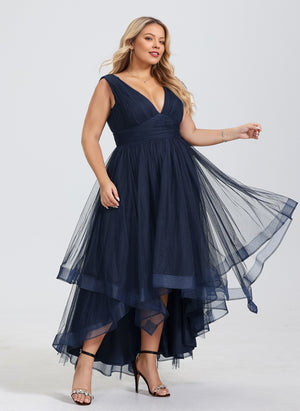 A-line V-Neck Asymmetrical Tulle Cocktail Dress With Cascading Ruffles Pleated