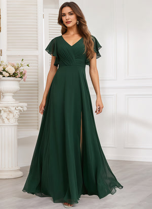 A-line V-Neck Floor-Length Chiffon Bridesmaid Dress With Ruffle