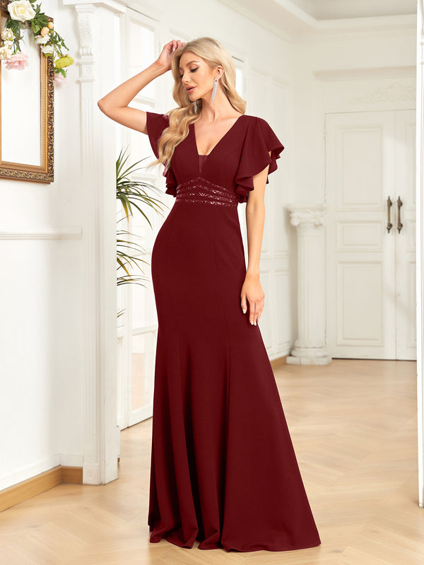 Sheath/Column V-Neck Floor-Length Stretch Crepe Evening Dress With Pleated Sequins Beading
