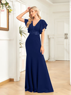 Sheath/Column V-Neck Floor-Length Stretch Crepe Evening Dress With Pleated Sequins Beading