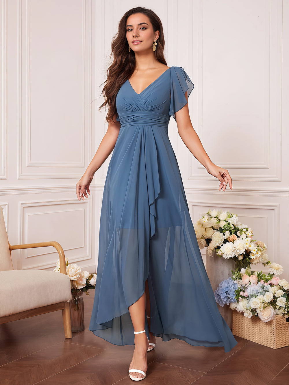 A-line V-Neck Floor-Length Chiffon Bridesmaid Dress With Ruffle