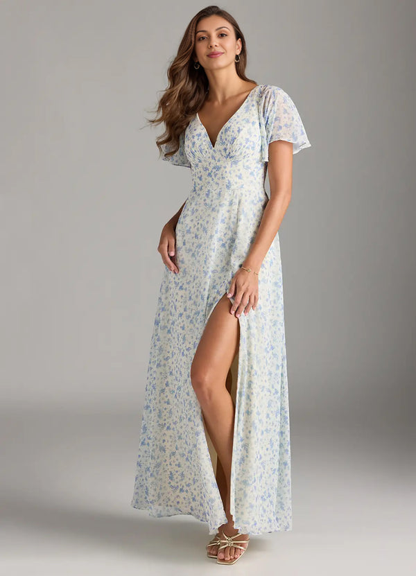 A-line V-Neck Floor-Length Chiffon Floral Bridesmaid Dress