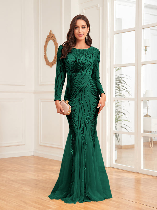 Scoop Sequin Tulle Mermaid/Trumpet Long Sleevess Sweep Train Empire Waist Prom Dress