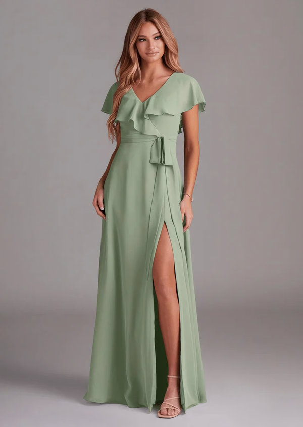A-line V-Neck Floor-Length Chiffon Bridesmaid Dress With Ruffle