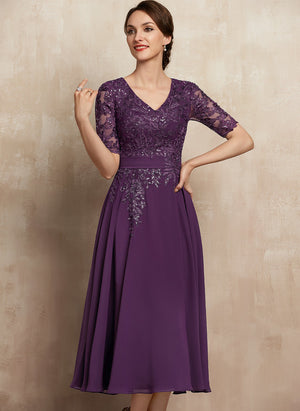 A-line V-Neck Tea-Length Lace Chiffon Mother of the Bride Dress With Sequins