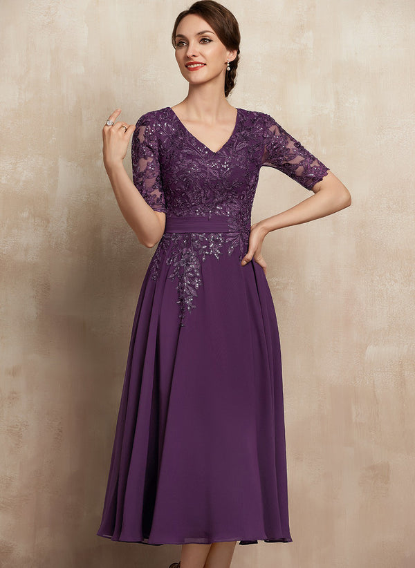 A-line V-Neck Tea-Length Lace Chiffon Mother of the Bride Dress With Sequins